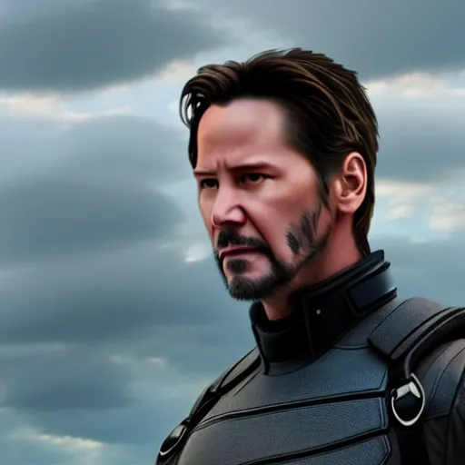 Image similar to film still of Keanu Reeves as Hawkeye in Avengers Endgame