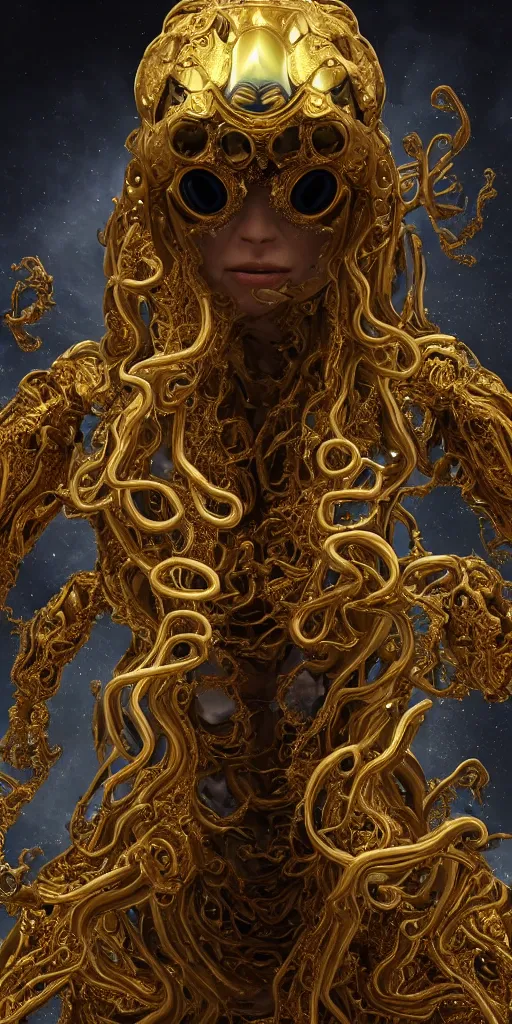 Image similar to a portait of a 8k ultra realistic corrupted lovecraftian golden humanoid queen standing next to a spaceship window overlooking earth, 8 intricate white and gold tentacles, ornate white and gold armour, cinematic lighting, trending on artstation, 4k, hyperrealistic, focused, extreme details, unreal engine 5, cinematic, masterpiece