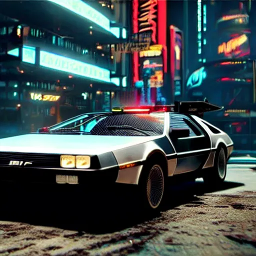 Image similar to flying dmc 1 2 delorean in cyberpunk 2 0 7 7