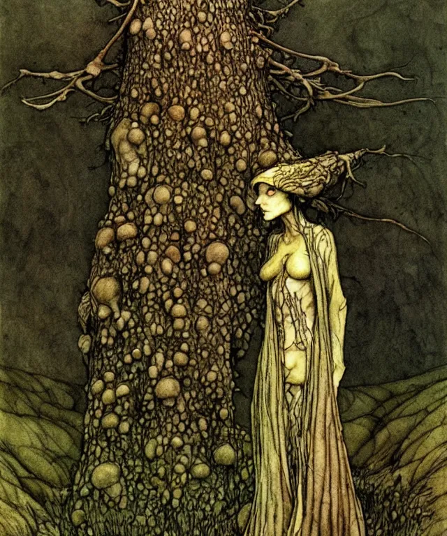 Image similar to A detailed funguswoman stands among the mushroom hills. Wearing a ripped mantle, robe. Perfect faces, extremely high details, realistic, fantasy art, solo, masterpiece, art by Arthur Rackham, Zdzisław Beksiński