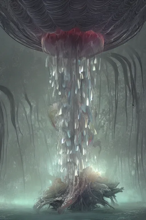 Prompt: A forest city inside of a jellyfish, intricate, elegant, digital painting, trending on Artstation, concept art, smooth, sharp focus, illustration, from Metal Gear by Ruan Jia and Mandy Jurgens and Artgerm and William-Adolphe Bouguerea, award winning