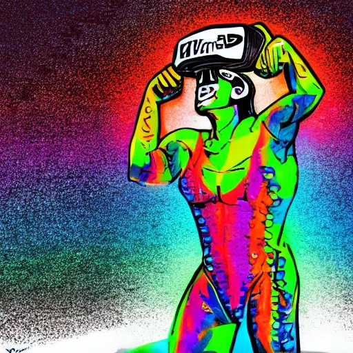 Image similar to wrestlers wearing vr headsets, vr goggles, shrugging, shrugging arms, intricate complexity, inverted neon rainbow drip paint, trending on art station, digital illustration by corefolio