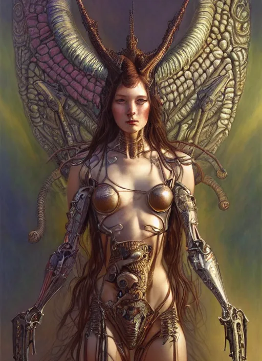 Image similar to hyper detailed masterpiece evil angel girl warrior by donato giancola and tom bagshaw, face by artgerm and edmund leighton, and h. r. giger, trending on artstation, colorful, psychedelic aesthetic, ornate, background by james jean, 8 k, biomechanical, majestic, volumetric lighting, porcelain skin, concept art, sharp focus