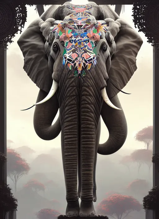 Image similar to symmetry!! portrait of a hybrid robot elephant, floral! horizon zero dawn machine, intricate, elegant, highly detailed, digital painting, artstation, concept art, smooth, sharp focus, illustration, art by artgerm and greg rutkowski and alphonse mucha, 8 k