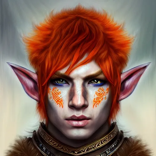 Image similar to portrait painting of an elven young man with short light orange hair and tribal tattoos on his face wearing fur armor, sharp focus, award - winning, trending on artstation, masterpiece, highly detailed, intricate. art by aurore folny