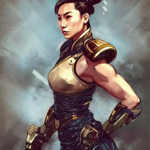 Image similar to portrait of chun - li, colourised, face portrait, epic, tragic, military art, fantasy, dieselpunk, hd shot, digital portrait, beautiful, artstation, comic style, by artgerm, guy denning, jakub rozalski, magali villeneuve and charlie bowater