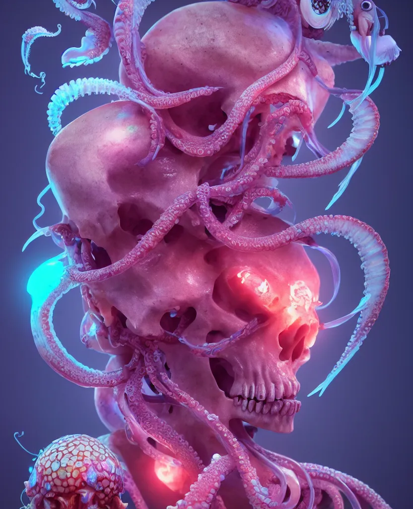 Image similar to goddess close - up portrait human skull, ram skull, squid phoenix jellyfish, orchid, betta fish, bioluminiscent, intricate artwork by tooth wu and wlop and beeple. octane render, trending on artstation, greg rutkowski very coherent symmetrical artwork. cinematic, hyper realism, high detail, octane render, 8 k