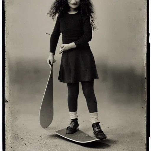 Prompt: a cute girl with curly black hair holding a skateboard, Daguerrotype