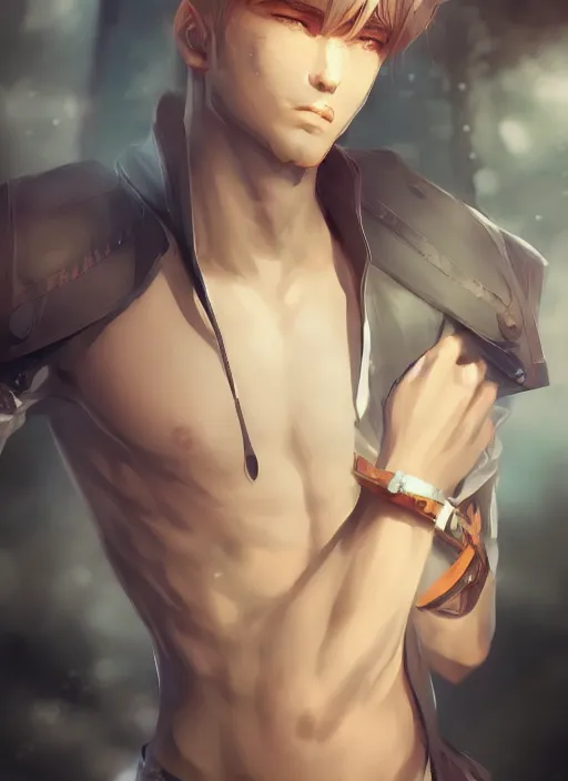 Prompt: detailed beautiful male character art of a protagonist, depth of field, on amino, by sakimichan patreon, wlop, weibo high quality art on artstation.