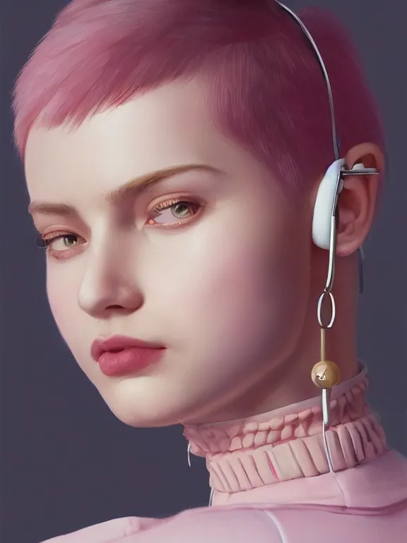 Prompt: beautiful russian girl with short pink hair and nose piercing, wearing airpods, a black choker, thin round earrings, winds of winter, au naturel, hyper detailed, digital art, trending in artstation, cinematic lighting, studio quality, smooth render, octane rendered, concept art, sharp focus, illustration, art by artgerm and greg rutkowski and wlop