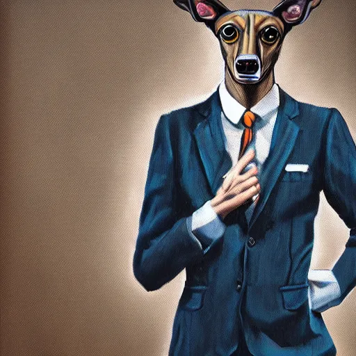 Image similar to painting of a greyhound in a suit, splash art, cinematic lighting, octane render, 35mm film grain