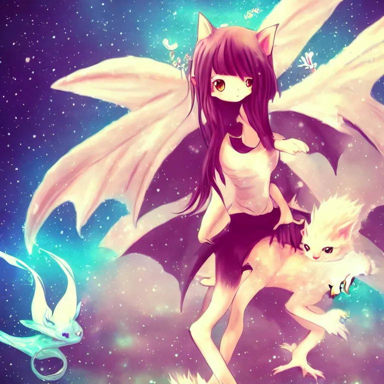 Image similar to cute, full body, female, anime style, a cat girl with fairy wings patting a small dragon, large eyes, beautiful lighting, sharp focus, simple background, creative, heart effects, filters applied, illustration