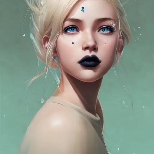 Image similar to very cool girl blonde hair black back, mint higlights, strong eyelashes, cute nose and lips makeup, nose piercing, detailed portrait, intricate complexity, by greg rutkowski, artgerm, ross tran, conrad roset, takato yomamoto, ilya kuvshinov. 4 k, beautiful, cinematic dramatic atmosphere