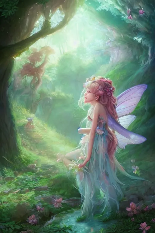 Image similar to a cute and geogerous fairy in the dreamy forest, fantasy, dreamlike, 8 k resolution, hyper detailed, d & d, character design, digital painting, trending on artstation, sharp focus, illustration, art by viktoria gavrilenko, hoang lap, fuji choko, steve zheng,