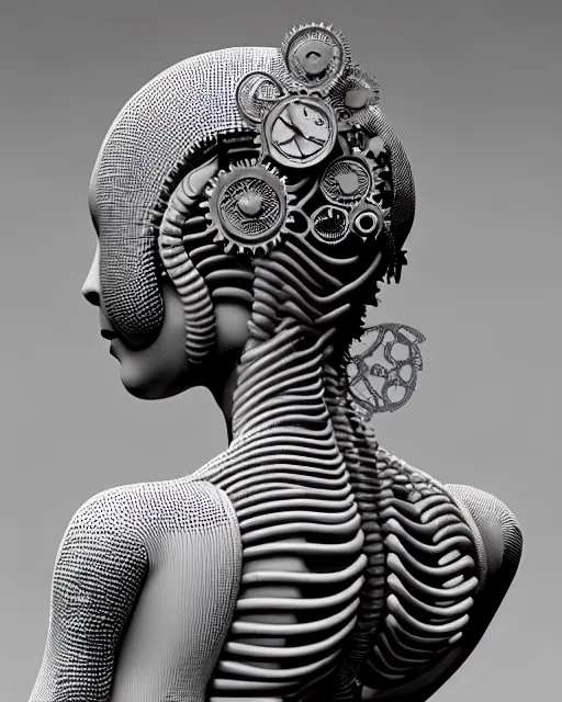 Image similar to mythical black and white organic bio-mechanical spinal ribbed profile face portrait detail of mechanical beautiful female angelic-vegetal-cyborg, highly detailed, intricate steampunk ornate, poetic, 3D render, digital art, octane render, 8K artistic photography, photo-realistic, by Dora Maar