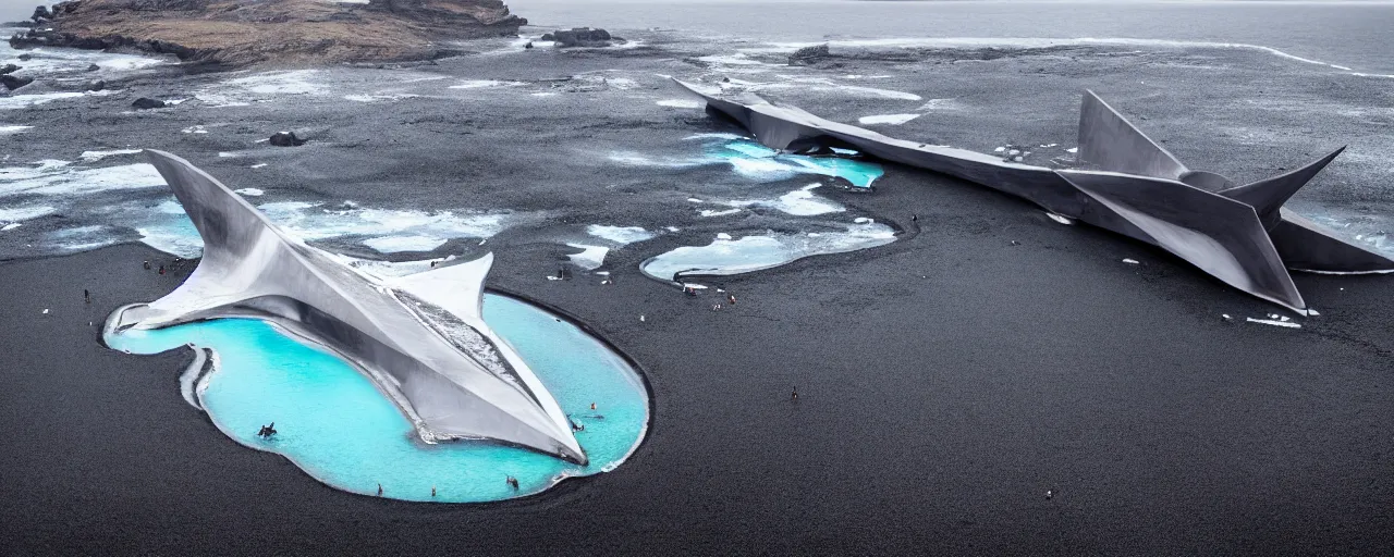 Image similar to cinematic shot of giant symmetrical futuristic military spacecraft in the middle of an endless black sand beach in iceland with icebergs in the distance,, 2 8 mm