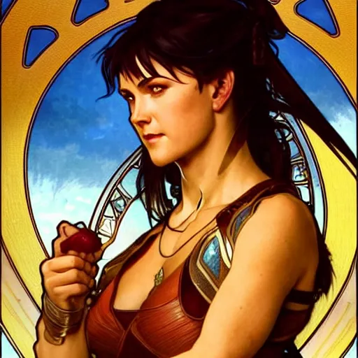 Prompt: xena warrior princess eating at a restaurant art by artgerm and greg rutkowski and alphonse mucha w 7 6 8