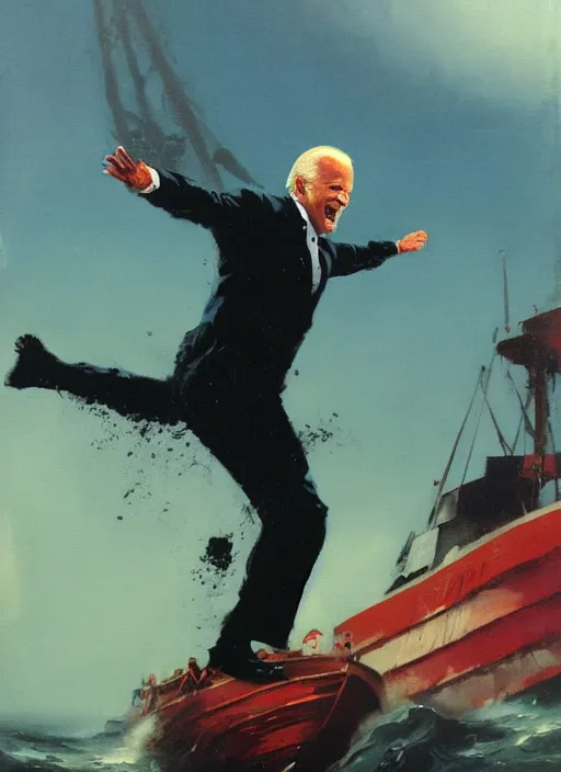 Image similar to joe biden jumping off of ship, drowning, propaganda art, water crashing, water rushing lungs, fear!!!!!! scary, painting by phil hale, fransico goya,'action lines '!!!, graphic style, visible brushstrokes, motion blur, blurry, visible paint texture, crisp hd image