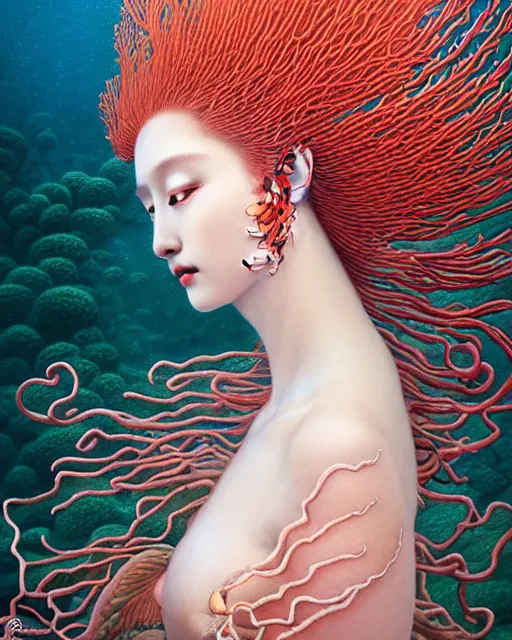 Prompt: portrait of a beautiful sea coral goddess, one head, graceful beauty, esoteric, muted colors, head in focus, fantasy art, ornamental aesthetics, intricate, elegant, highly detailed, hyperrealistic painting, artstation, concept art, painterly, sharp focus, illustration, art by chie yoshii