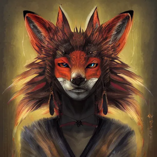 Image similar to a painted avatar portrait of an awesome powerful humanoid kitsune fox mage themed around life and death, in the style of dnd beyond avatar portraits, beautiful, artistic, elegant, lens flare, magical, lens flare, nature, realism, stylized