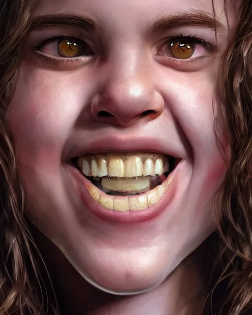 Image similar to close up portrait of 1 5 - year - old girl, smile with large front teeth, hermione granger, very bushy brown hair, and very bright brown eyes, wearing white shirt, hyper realistic face, beautiful eyes, character art, art by mark brooks, hyperdetailed, cryengine, trending on artstation, digital art