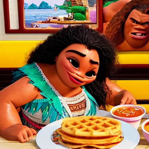 Prompt: Moana inside a Wafflehouse restaurant