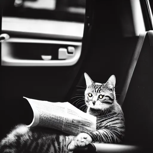 Image similar to a cat in a suit in back of taxi reading a newspaper, black and white, canon camera,