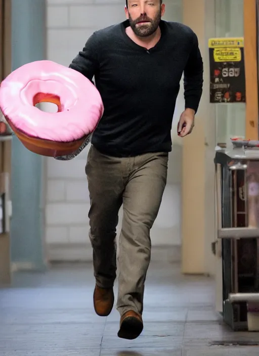 Prompt: ben affleck being chased by a giant cup of dunkin donuts coffee, running scared