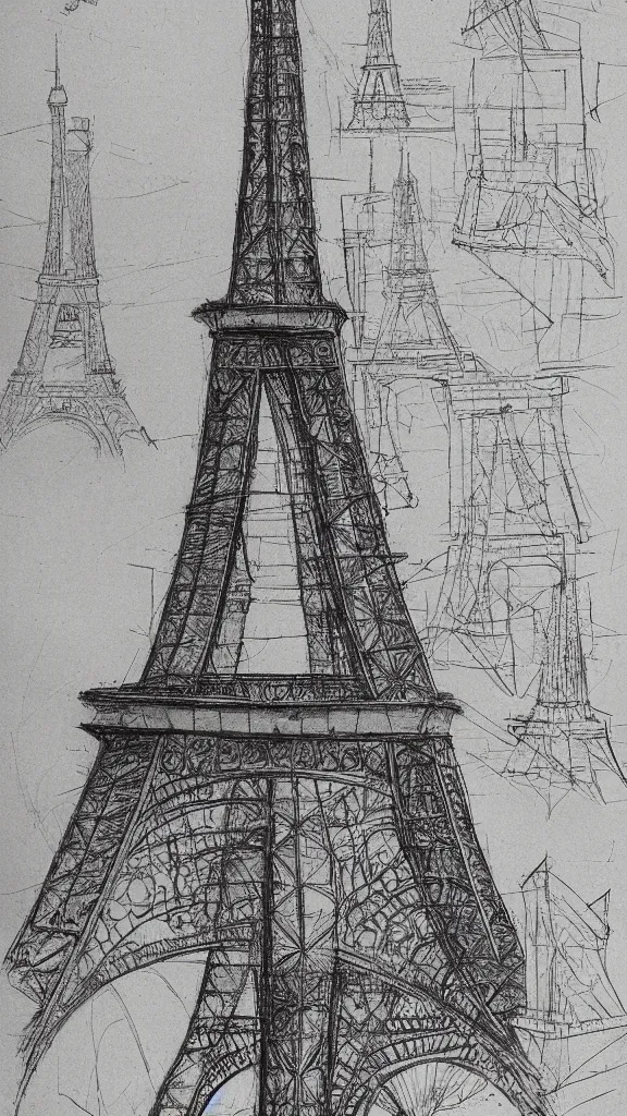 Prompt: architectural design studies of Eiffel Tower, different closeup view, drawn by Leonardo da Vinci, ancient ink draw, artistic, intricated