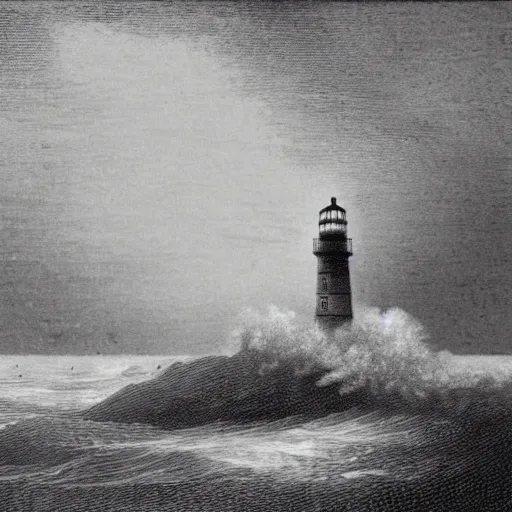 Prompt: a lighthouse during a storm, etching, in the style of gustave dore