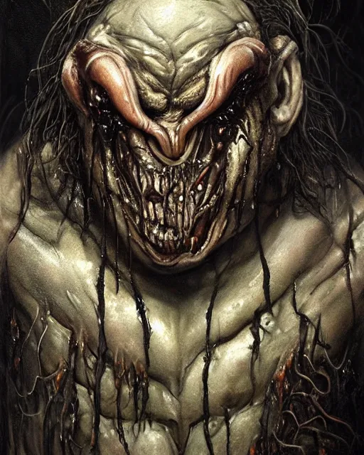 Prompt: Dark fantasy Painting of a hulking muscular EXTRATERRESTRIAL flesh creature with big bulging eyes, white milky eyeballs, skin covered in boils with fish eyes with drool dripping from its mouth, hr giger muscles, straw-like beard growing from face, disgusting, creepy, unsettling, horror, upper body, intricate, wild, highly detailed, digital painting, artstation, concept art, smooth, sharp focus, illustration, art by artgerm and greg rutkowski and alphonse mucha