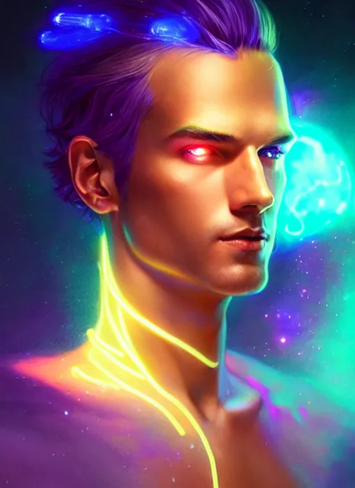 Image similar to a male faceless glowing liquefied stardust adventurer, dnd fantasy character, full body portrait, glowing neon skin, magical aura, ultra realistic, intricate, elegant, highly detailed, digital painting, artstation, smooth, sharp, focus, illustration, art by artgerm and greg rutkowski and alphonse mucha