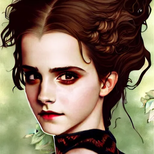 Image similar to a beautiful painting of emma watson dressed as a teenage poison ivy, dark eyeliner, intricate, elegant, highly detailed, digital painting, artstation, concept art, matte, sharp focus, illustration, art by rebecca guay and by arthur rackham and by alphonse mucha and by john william waterhouse