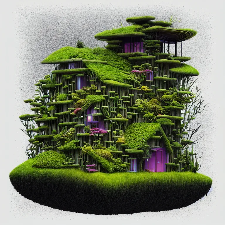 Image similar to tiny house by kengo kuma on island sea cloud surreal art by jason naylor, very coherent, sharp, colorful high contrast, dark shadows, hard lighting, floralpunk flower green plants garden, inking etching screen print, hd, 8 k hyper detailed, octane render