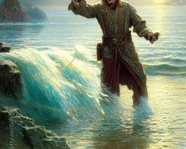 Image similar to attractive male wizard casting powerful wave water spell in a beautiful lake. highly detailed painting by gaston bussiere, craig mullins, j. c. leyendecker 8 k