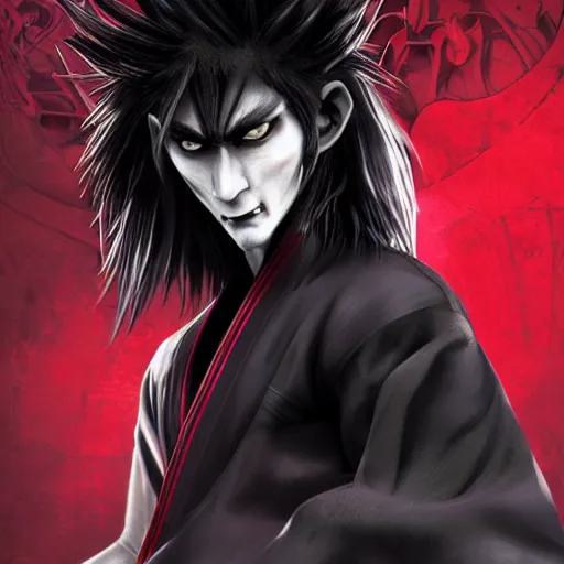 Image similar to demon martial artist, handsome japanese demon boy, young adult yokai with long spiky black hair, vampire, vantablack gi, simple clothes, red eyes, ultra realistic, intricate details, highly detailed, subsurface scattering, photorealistic, octane render, 8 k, art by artgerm, greg rutkowski, magali villeneuve, alphonse mucha