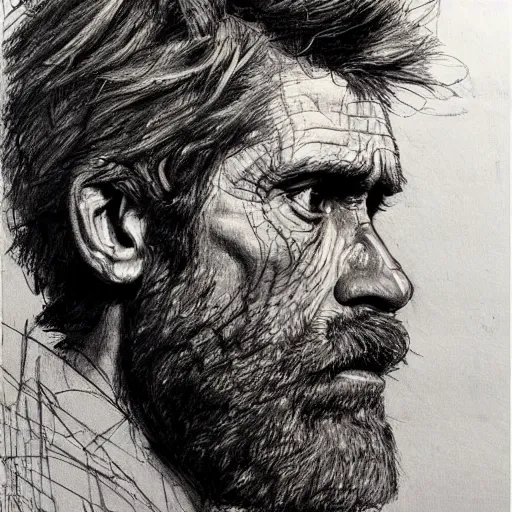 Image similar to a realistic yet scraggly portrait sketch of the side profile of a stern and sophisticated willem dafoe with a beard, trending on artstation, intricate details, in the style of frank auerbach, in the style of sergio aragones, in the style of martin ansin, in the style of david aja, in the style of mattias adolfsson