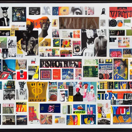 Prompt: collage made of magazine cutouts, one large central picture, dramatic typography, museum of modern art, museum of contemporary art, auction, record - setting, detailed, photorealistic