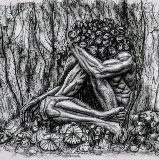 Image similar to The Thinker Sculpture covered in mushrooms and peyote, sitting in a dense luscious forest, ink sketch, Naturalist