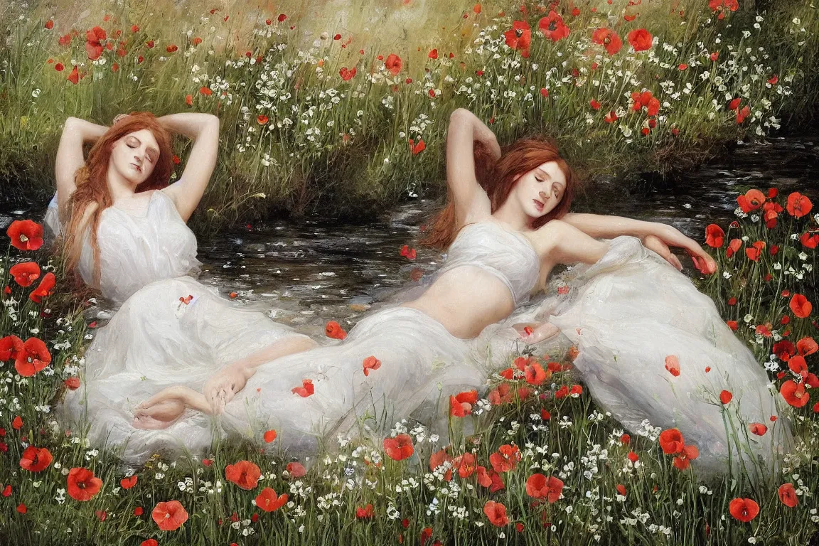 Prompt: Beautiful woman lying in a water stream. Flowers in hand. white dress, light red long hair. Apathetic, pale. Poppies means death, daisies innocence and pansies love in vain.The painting was regarded in its day as one of the most accurate and elaborate studies of nature ever made. The background was painted from life by the Hogsmill river in Surrey. Naturalistic. Painting by John Everett Millais.