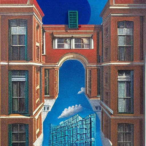 Prompt: synchronicity architecture illustration detailed surrealism rene magritte