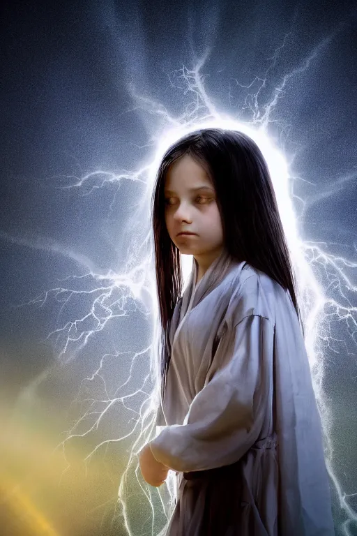 Image similar to a young girl with flowing black hair and chequered robe is watching a storm inside a symmetrical fantasy crystal. atmospheric, 4 k, highly detailed. surrounded by golden rays of light