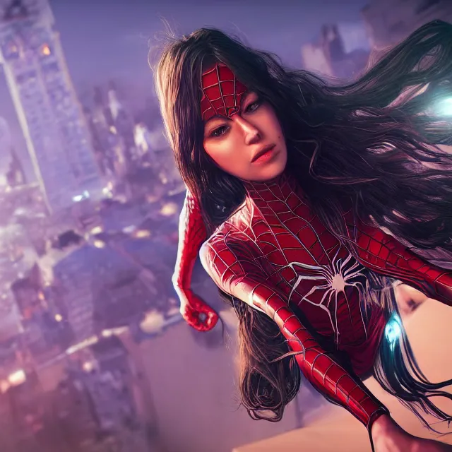 Image similar to spiderwoman, centred, very long hair, hd, hyperdetailed illustration by irakli nadar, intricate linework, bright colors, octopath traveler, final fantasy, unreal engine 5 highly rendered, global illumination, radiant light