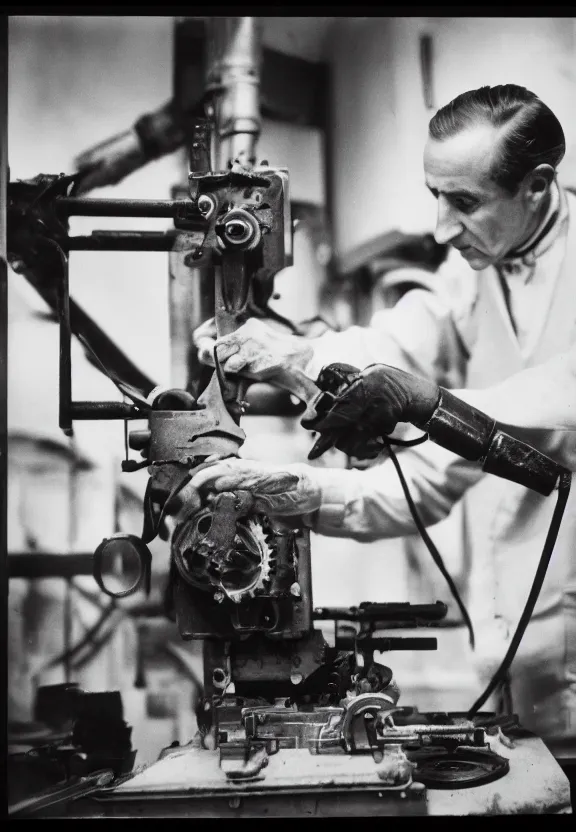 Image similar to a close - up portrait of marcel duchamp working on a machine, 1 9 2 0 s monochrome snapshot, graflex 4 x 5, f 1. 8, 3 5 mm, ilford delta 3 2 0 0 pro