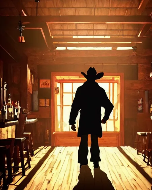 Image similar to an old cowboy walking into a crowded saloon bar. Anime. Soft lighting.