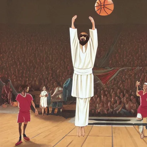 Image similar to Jesus wearing robes dunks a ball in a basketball court, hd