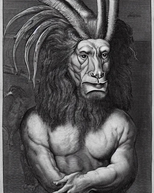 Image similar to a creature with the body and eyes of a man, with the beak of an eagle, the mane of a lion, and the horns of an ox. drawn by francis bacon and da vinci