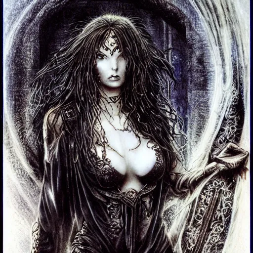 Image similar to dark beautiful sorceress casting an illusion spell by luis royo