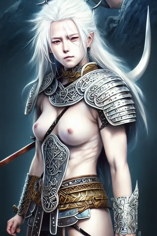 Image similar to A realistic anime portrait of a beautiful white haired female barbarian wearing an intricate viking armor, digital painting, by Stanley Artgerm Lau, Sakimichan, WLOP and Rossdraws, digital painting, painterly, Pixiv, Deviantart, golden ratio, rule of thirds, good composition, HD, 8k, award winning, promo art, splash art, rpg, jrpg, dungeons and dragons, DND, trending on ArtStation