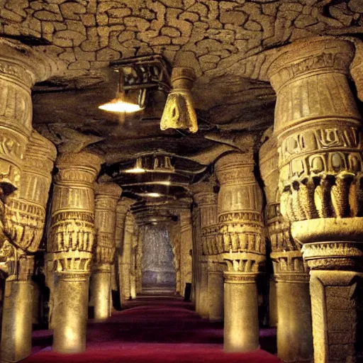 Prompt: The Great Hall of a Dwarven underground city with gigantic pillars, sconces, intricate details, stone carvings, epic, grandiose, awe inspiring, the mines of Moria, dwarven architecture, inlaid with gold W- 1024